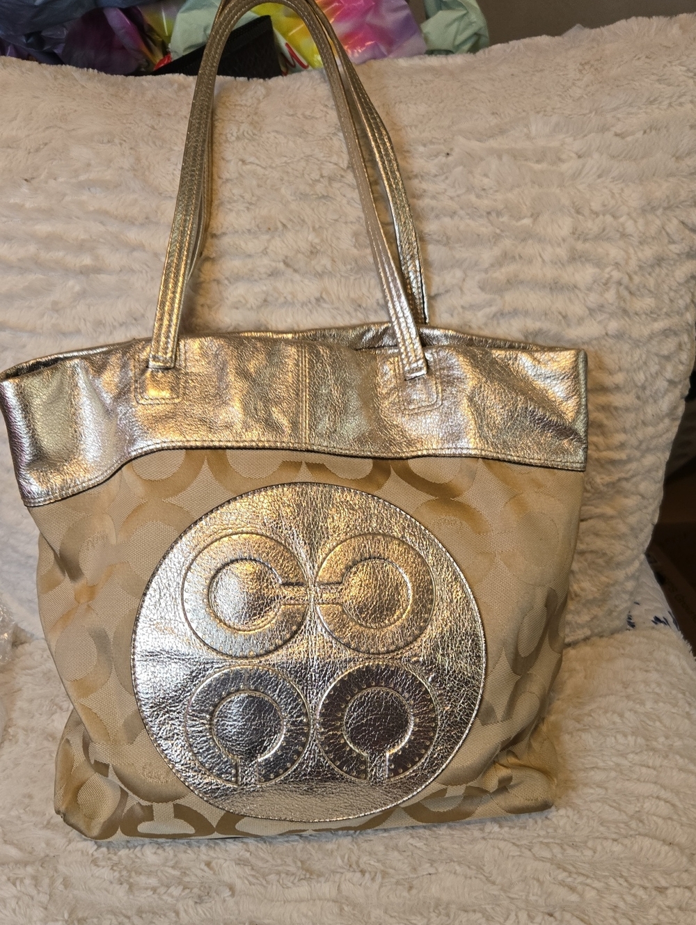 Coach Metallic Logo Jacquard Tote — Gold/Cream EUC